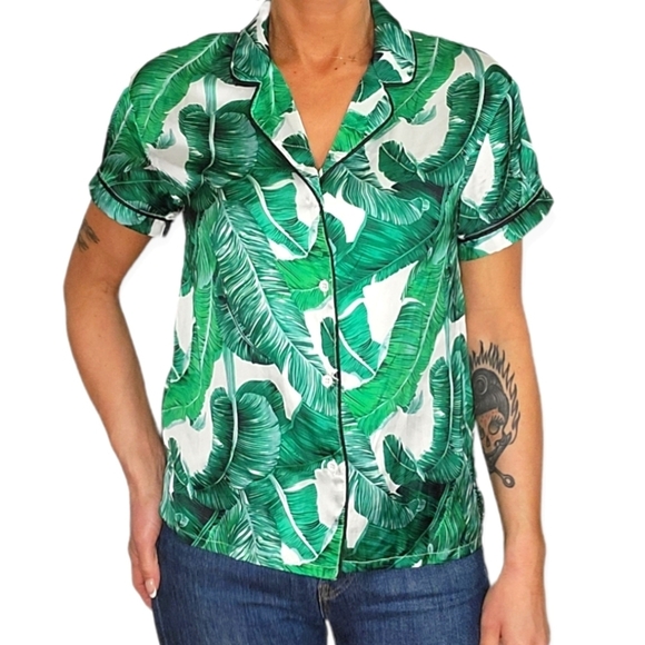 Shein Button Down Satin Blouse Small Green Palm Leaf - Picture 1 of 5